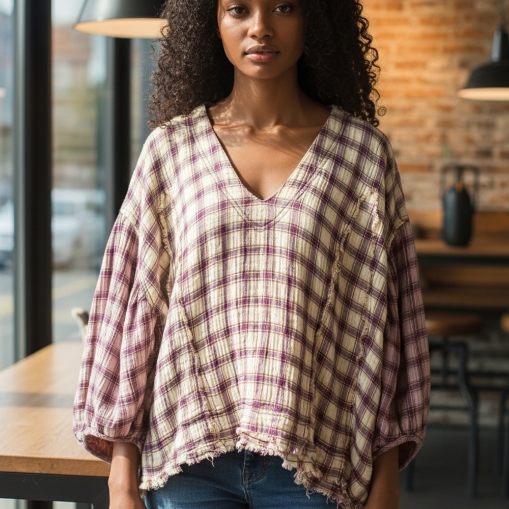 Free People We The Free Solstice Purple Yellow Plaid gauzy Oversized Top Sz XS
